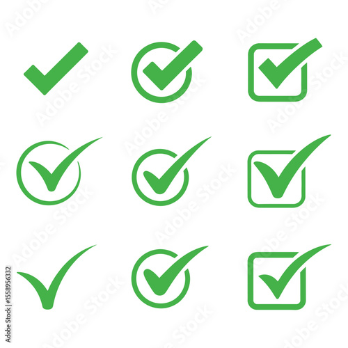 Collection of green check mark icons in circles and squares isolated on white background