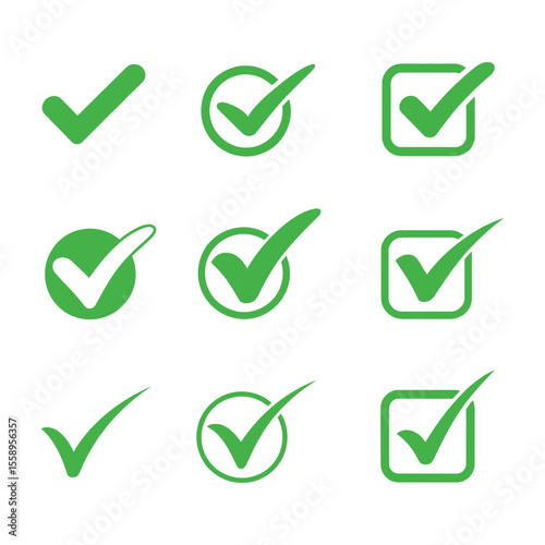 Various green check mark icons in circles and squares isolated on white background
