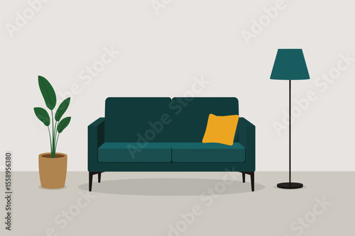 Modern living room interior design teal sofa yellow pillow plant floor lamp