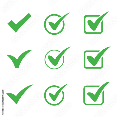 Collection of green check mark icons in circles and squares isolated on white background