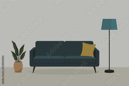 Modern living room interior design sofa plant lamp
