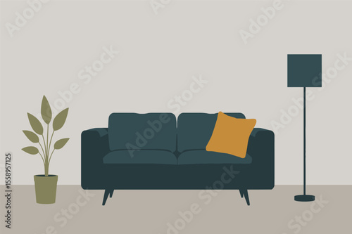 Modern living room interior design sofa plant lamp