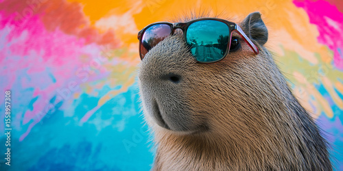 Capybara wearing sunglasses enjoys a colorful backdrop Generative AI