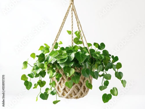 Hanging Plant with Green Leaves in a Natural Rope Basket
