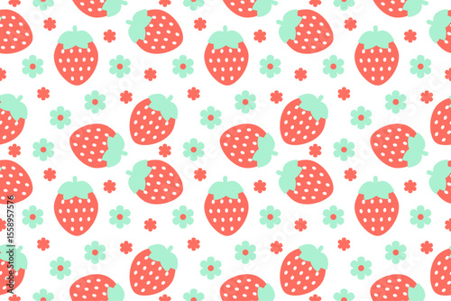 Seamless pattern with peach strawberries, mint leaves, and summer flowers on white background.