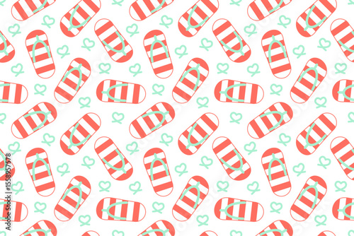 Seamless summer sandal pattern with peach stripes and mint heart lines on white background.