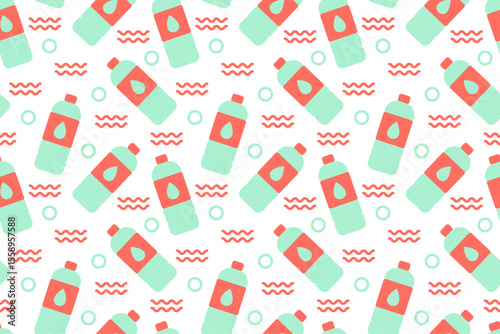Seamless pattern of mint and peach water bottles with abstract waves and dots on white background.