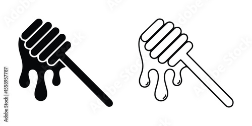 Two honey dippers with dripping honey isolated on white background, one in black