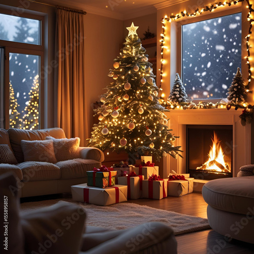 living room with christmas tree