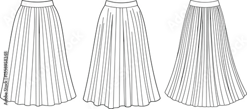 Stylish Women's Pleated Skirt Flat Sketch, Fashion Design Technical Drawing, Apparel CAD Template, Versatile Clothing Mockup for Digital Fashion