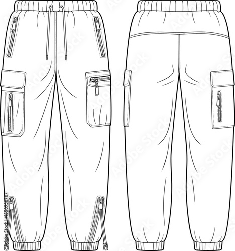 Technical Flat Sketch Men's Cargo Jogger Pants Design, Front and Back View, Fashion Apparel Template, Streetwear Sportswear CAD Drawing