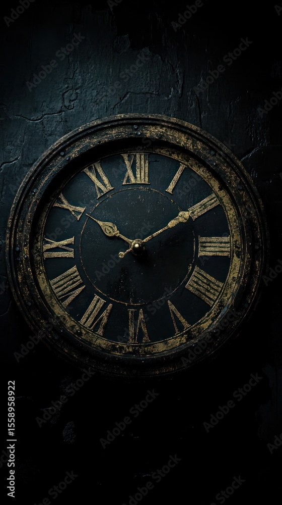 custom made wallpaper toronto digitalAntique Roman numeral clock, dark patina, mounted on a textured black wall, showing the time