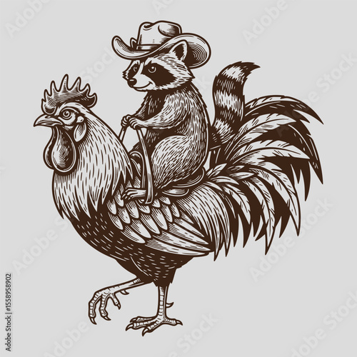 Vintage Style Raccoon Riding Rooster Illustration with Cowboy Hat