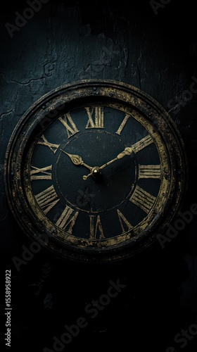 Wallpaper Mural Antique Roman numeral clock, dark patina, mounted on a textured black wall, showing the time Torontodigital.ca