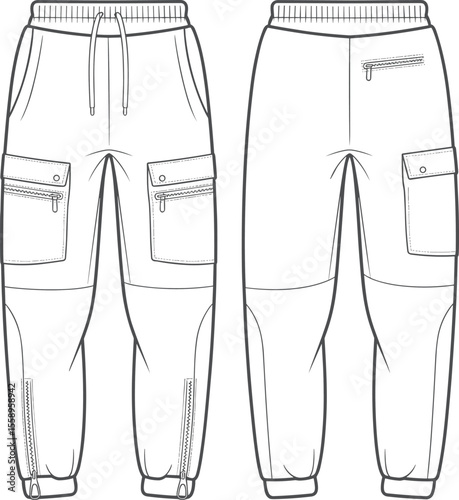 Modern Techwear Joggers: Urban Utility Cargo Pants Design for Men with Zippers, Pockets, and Drawstrings, Flat Sketch Vector Illustration for Apparel.