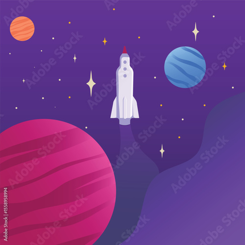 Rocket flies past planets and stars in outer space.