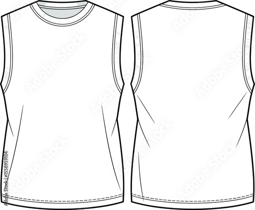 Sleeveless Crew Neck Tank Top for Men and Women, Basic White Casual Apparel, Front and Back View, Fashion Template, Vector Flat Sketch, Customizable Design, Everyday Wear, Street Style Essential