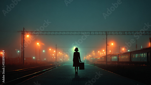 Woman with suitcase standing on platform at night train station