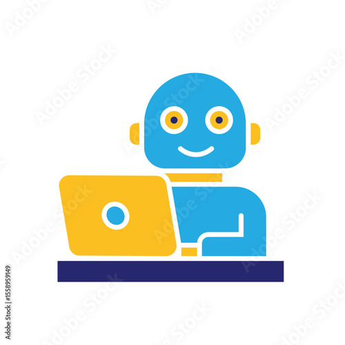 ai icon. AI Personal Assistant. Virtual coworker. Humanoid bot on desk with laptop. UI, education. flat design style