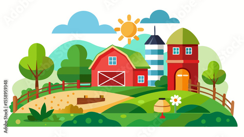 Charming cartoon farm scene with red barns silo trees and a sunny sky