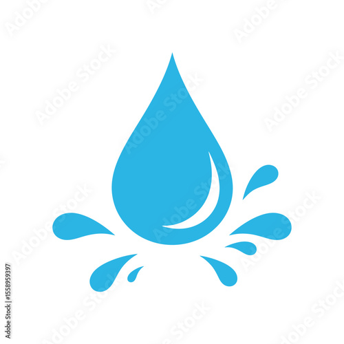 A blue water drop icon with splashes isolated on white background