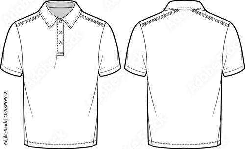 Men's Classic White Polo Shirt Technical Flat Fashion Sketch with Front and Back Views, Apparel Design Template, Collared T-shirt Vector Illustration, Casual Sportswear Basic Top
