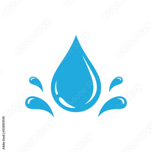 A blue water drop icon with splashes isolated on white background