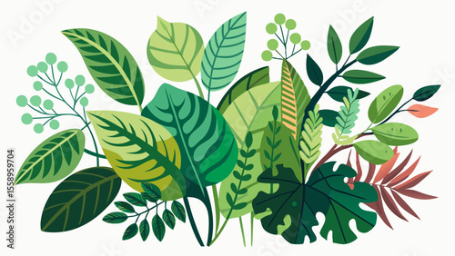 Vibrant illustration of various green tropical leaves and foliage in a stylized flat design