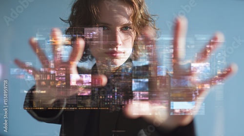 Woman in Black Suit Holding Out Hands with Digital Interface Overlay