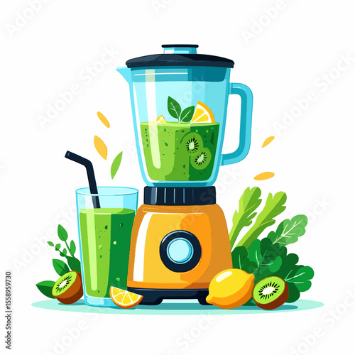 a blender vector with a green smoothie and various fresh fruits