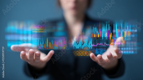 Woman in Black Suit Holding Hands Out with Digital Data Interfaces