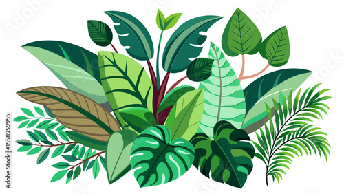 Vibrant collection of lush green tropical jungle leaves and foliage in a decorative arrangement