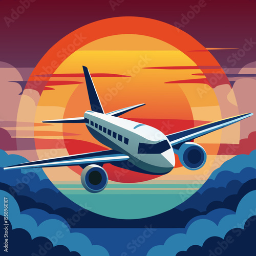 Airplane Flying Above Sunset Clouds