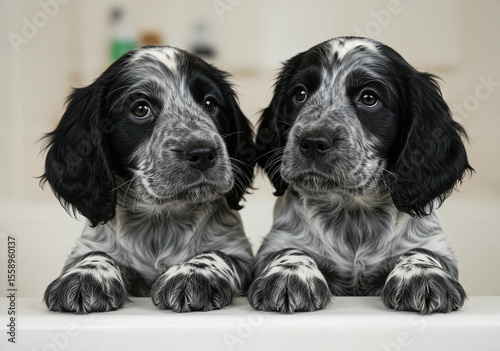 Two adorable blue roan Cocker Spaniel puppies with large brown eyes,