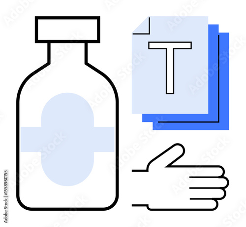 Medication bottle, open hand, layered documents with a text element. Ideal for medicine, healthcare, support, instruction, pharmacy, learning accessibility simple landing page