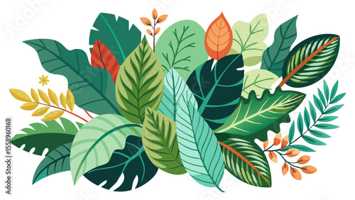 Vibrant tropical foliage illustration with various green leaves and hints of orange and yellow