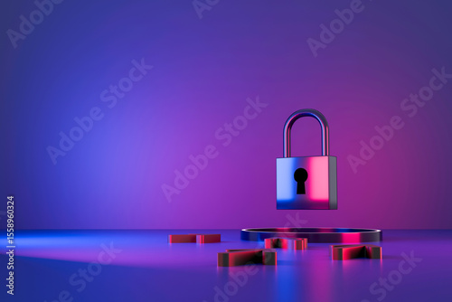 Colorful padlock floating above keyhole with broken key pieces on neon gradient background, symbolizing digital security or data breach