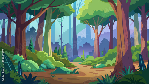Enchanting forest path bathed in dappled sunlight with lush green foliage and tall trees