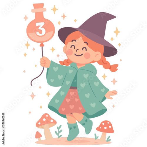 Happy Witch Girl with Magic Potion Balloon – Age 3 Birthday Design