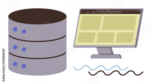 Stack of servers and a computer screen displaying a grid layout connected via wavy lines. Ideal for technology, database management, data storage, internet, networking, web development, and online
