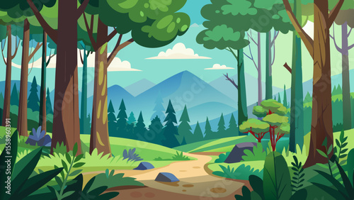 A vibrant cartoon forest landscape with a winding dirt path leading towards distant blue mountains under a bright sky