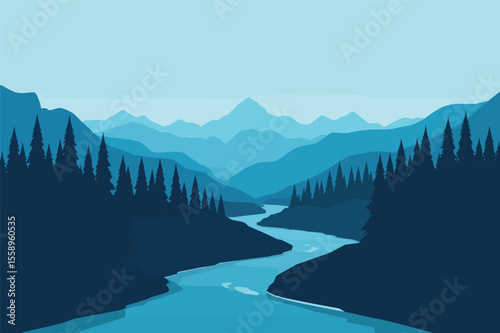 Serene mountain river landscape blue hues tranquil nature scene