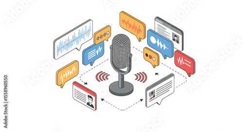 Podcasting concept vector illustration: communication and broadcasting design in isometric flat style