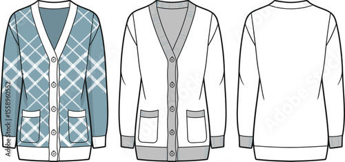 Argyle Cardigan Sweater Flat Sketch Illustration, Trendy V-Neck Knitwear Design with Pockets and Buttons, Fashionable Long Sleeve Apparel Template Vector.