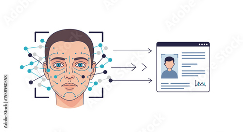 Face recognition technology vector illustration - digital identity analysis for tech design - flat style