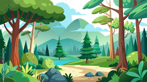 Vibrant cartoon forest landscape with a winding dirt path leading to a serene blue lake and distant mountains