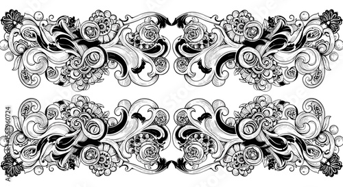 Floral ornament vector illustration: detailed design for card and poster in black and white style