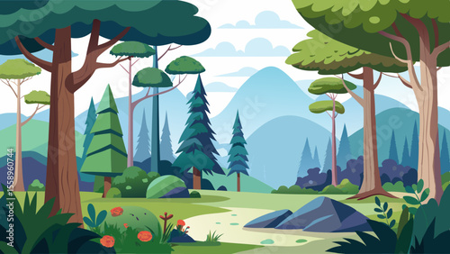 Stylized forest landscape with rolling hills and distant mountains under a cloudy sky