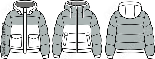  Two-Tone Puffer Jacket Flat Sketch Illustration, Trendy Modern Winter Apparel Design Template with Hood and Pockets, Fashionable Warm Padded Clothing Vector.