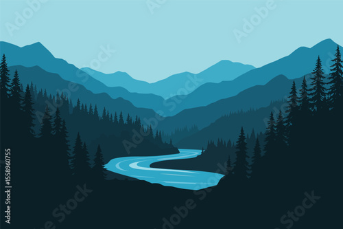 Serene mountain river winding through majestic peaks